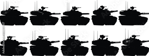 Battle Tank Silhouette Collection Featuring Modern Armored Military Vehicles in Multiple Angles, Heavy Warfare Vector Illustrations for Defense and Combat Design