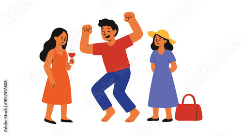 Three people are enjoying a party together with drinks and bags.