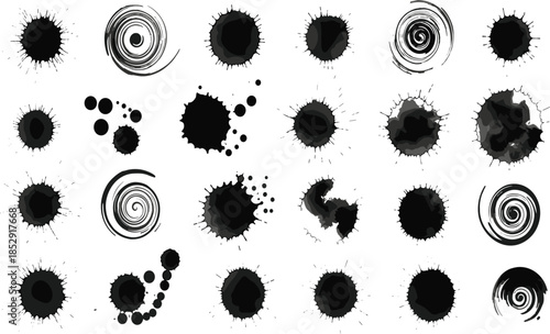 Black Ink Splash and Grunge Paint Splatter Set with Abstract Circular Blots and Swirl Elements Isolated on White Background