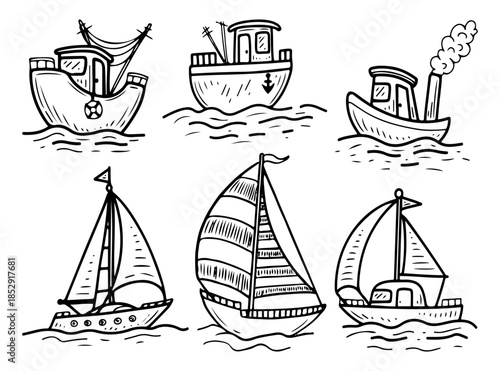 Ship set. Hand drawn sketch vector. Water transport. Boat, yacht, sailboat, fishing vessel. Ocean transportation. Sea voyage. River travel. Line art illustration. Element collection.