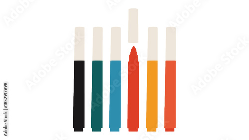 A group of colorful markers are arranged in a row on a white background.