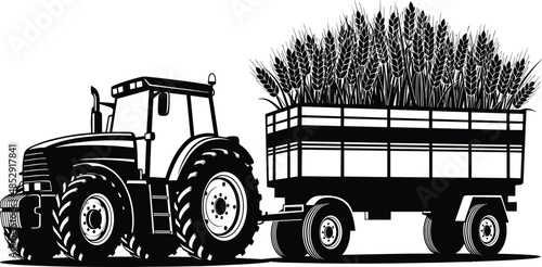 Farm Tractor with Harvest Trailer Silhouette Carrying Wheat Crops, Agricultural Machinery Vector Illustration for Farming, Rural, and Agribusiness Design
