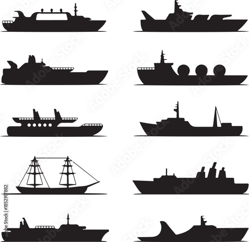 Collection of various ship silhouettes isolated on transparent background