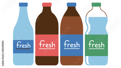 Four bottles of drinks are lined up with the word 'fresh' on their labels.