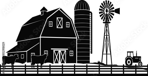 Rural Farm Silhouette with Barn, Silo, Windmill, Tractor and Cows, Countryside Agriculture Landscape Vector Illustration Design Collection Scene Art Graphic