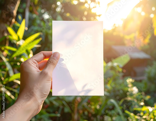 Hand holding a blank card with flowers inside a photo frame for advertisement or message display
