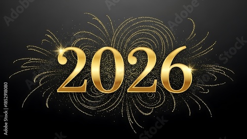 Golden 2026 New Year celebration with sparkling fireworks on black background