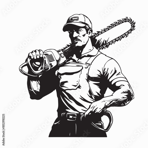 Lumberjack with Chainsaw Image Vector isolated on White Background