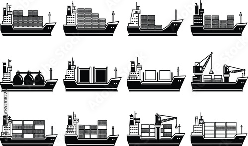 Set of cargo ship silhouettes isolated on white background, container vessel and freight transport collection for logistics design