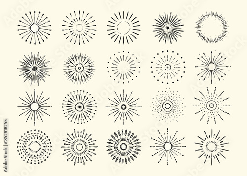 Collection of vintage starburst and radial designs in grayscale
