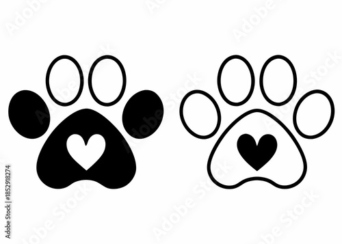 Two black and white paw prints featuring a heart shaped pad design