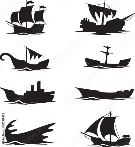 Collection of vintage and historical ship silhouettes isolated
