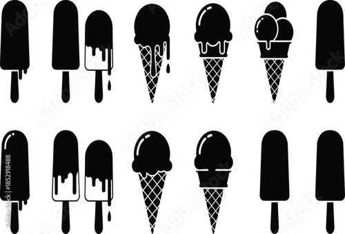 Set of ice cream and popsicle silhouettes isolated on white background, frozen dessert collection icons for summer design