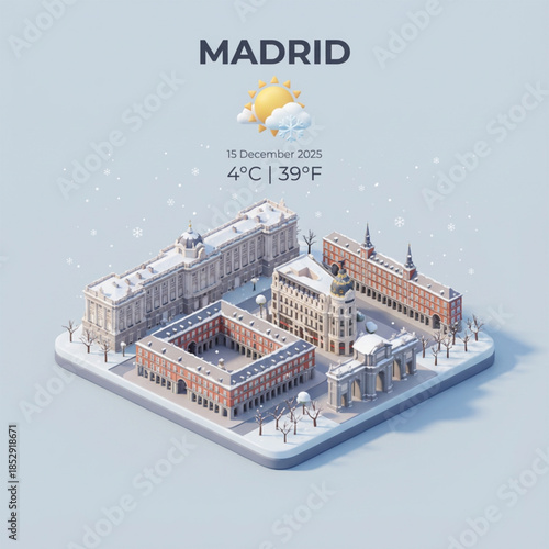 Captivating isometric 3D rendering showcasing iconic Madrid architectural landmarks gracefully covered in fresh winter snow, illustrating a serene December cityscape with a clear sky