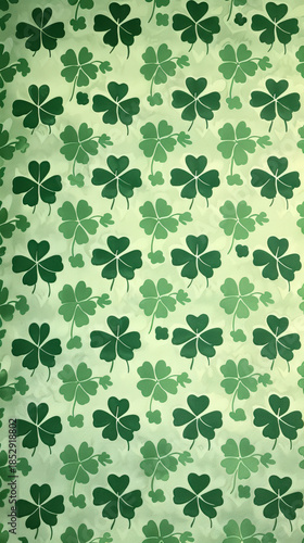 Green clover leaves background with three-leaved shamrocks. Saint Patrick's day, St Paddy's Day - Irish National holiday. Full frame.