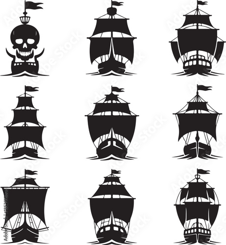 Collection of vintage pirate ship silhouettes and skull icon