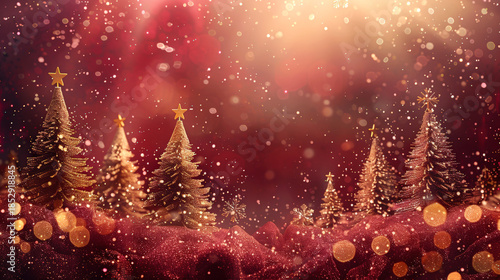 Christmas red background with golden snowflakes, Christmas trees and bokeh. Mockup for festive greeting card. Copy space