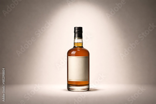 Golden brown whiskey bottle with blank label standing under soft spotlight on neutral background for professional spirit branding and realistic beverage product identity design mockup