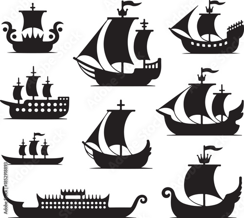 Collection of vintage sailing ships and boats illustration set