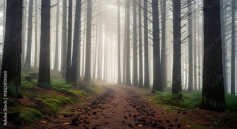 Obraz premium Misty Forest Path with Tall Trees and Ethereal Light.