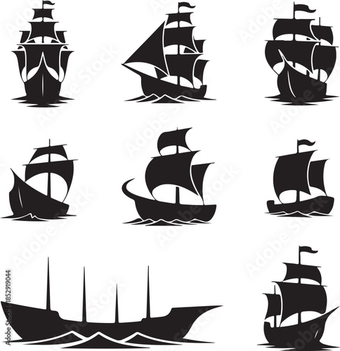 Collection of vintage sailing ships and boats isolated illustration