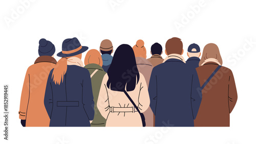 Diverse group of people, seen from behind, stands together in a crowd, dressed in various winter coats and hats, suggesting a gathering or public event.