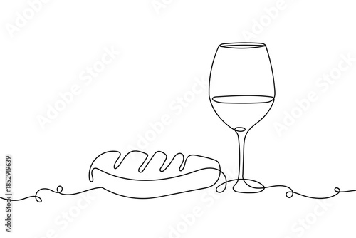 A single, continuous strip of steak has a wine glass placed beside it. Single line drawing Editable stroke.