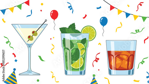 Festive array of classic cocktails, including a martini, mojito, and old fashioned, surrounded by colorful party decorations, balloons, and confetti.