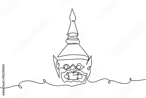 A single, continuous line representing the mask of Asian classical dance. Single line drawing Editable stroke.