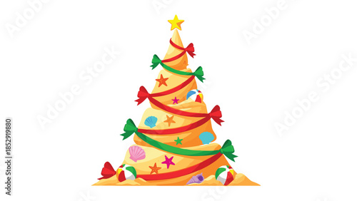 Unique Christmas tree crafted from sand, adorned with festive ribbons, colorful beach ornaments, seashells, and topped with a bright star, perfect for a tropical holiday.