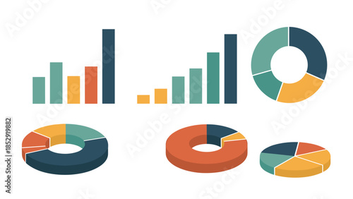 Diverse collection of data visualization elements, showcasing both 2D and 3D bar charts and pie charts, ideal for illustrating various statistical information.