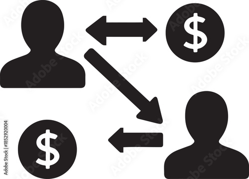 Split arrows connecting two accounts, money flow and transfer icon silhouette, vector EPS