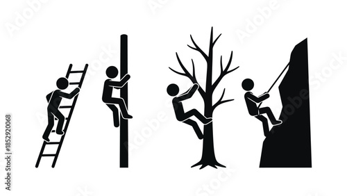 People climbing in different ways, including a ladder, pole, tree, and rock.