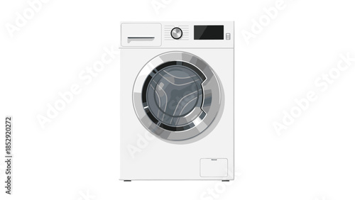 Modern white washing machine with a prominent chrome door and digital display, representing efficient home laundry appliances.