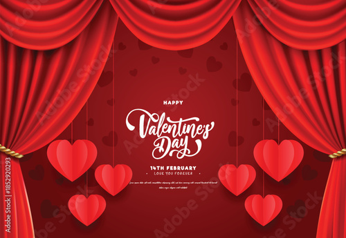Happy valentine's day. Open red curtains with neon lights and copy space