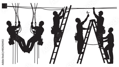 Electrician Teamwork Silhouettes on a White Background Vector Illustration Professional Workers Performing Electrical Installation and Maintenance.