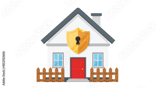 Modern white house with a bright red door and a charming fence, prominently featuring a golden shield with a keyhole, symbolizing robust home security and protection.