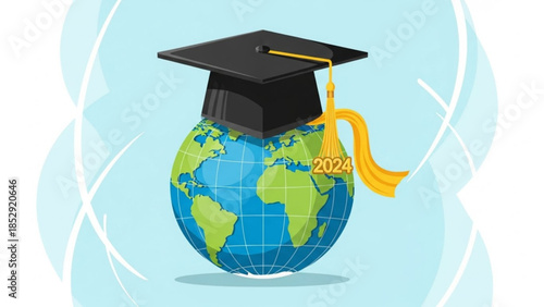 Graduation cap on a globe with the year 2024 symbolizing global education and academic achievement perfect for university or study abroad concepts