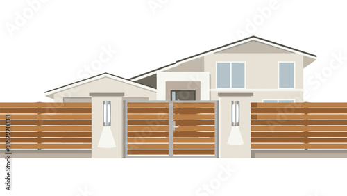 Contemporary house design framed by a stylish wooden fence and secure gate, featuring modern outdoor lighting, representing suburban living.