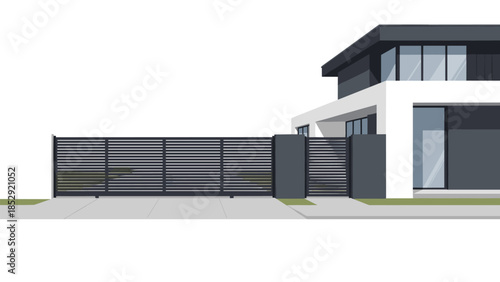 Contemporary house with a sleek black horizontal slat fence and matching gate, showcasing modern residential architecture and privacy.