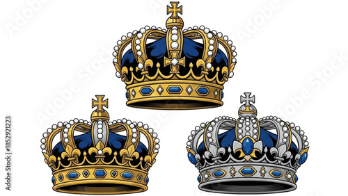 Collection of royal crowns ornate gold and silver emblems with blue jewels perfect for heraldry and luxury branding