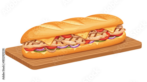 Delicious long submarine sandwich generously filled with grilled chicken, fresh tomatoes, red onions, saut�ed mushrooms, and crisp lettuce, served on a wooden cutting board.