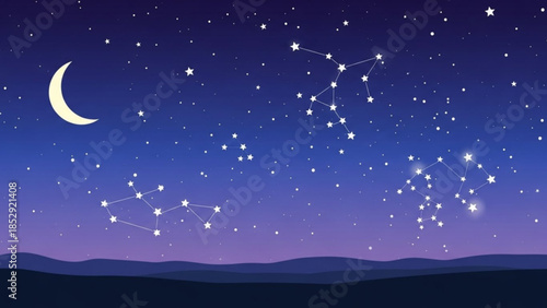 Night sky with constellations and crescent moon a beautiful celestial landscape illustration for astronomy and space exploration concepts