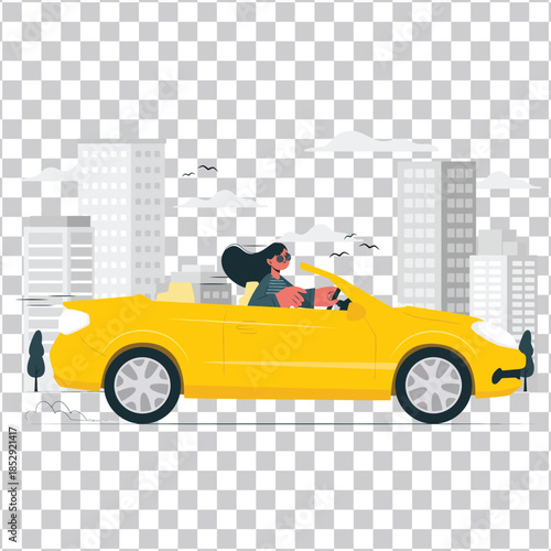 A happy woman drives a yellow convertible car down a city street with buildings and birds overhead