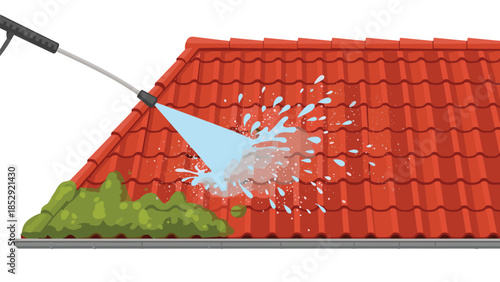 Powerful pressure washer effectively cleans a red tile roof, actively removing unsightly green moss and dirt with splashing water, restoring its pristine appearance.