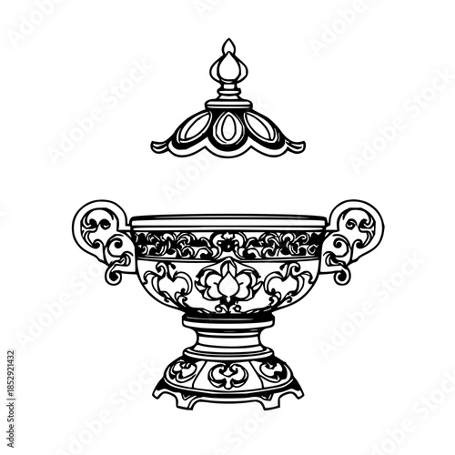​​​​​​​Ornate incense burner, black line art, whit