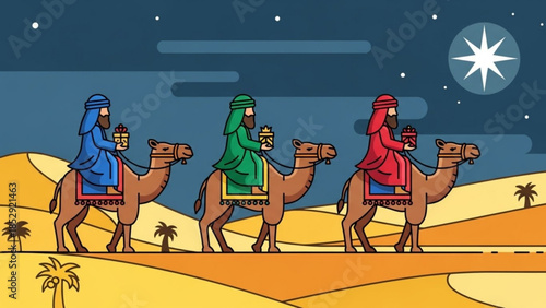 Three Wise Men riding camels across a desert landscape under a starry night sky flat vector illustration for Christmas nativity scenes