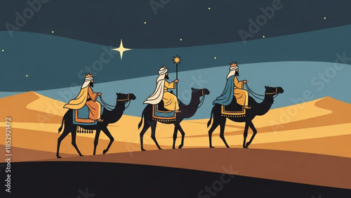 Three Wise Men riding camels across a desert at night following the Star of Bethlehem a stylized illustration for Christmas and Epiphany