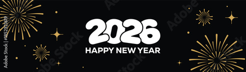 Festive black banner with bold white 2025 Happy New Year typography, surrounded by elegant golden fireworks and sparkling stars, perfect for holiday greetings, celebrations, party invitations.