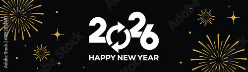 Festive black banner with bold white 2025 Happy New Year typography, surrounded by elegant golden fireworks and sparkling stars, perfect for holiday greetings, celebrations, party invitations.